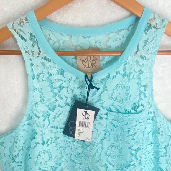 size M aqua blue lace tank top CHASOR $69 new/nwt turquoise see through loose fi - Picture 5 of 5